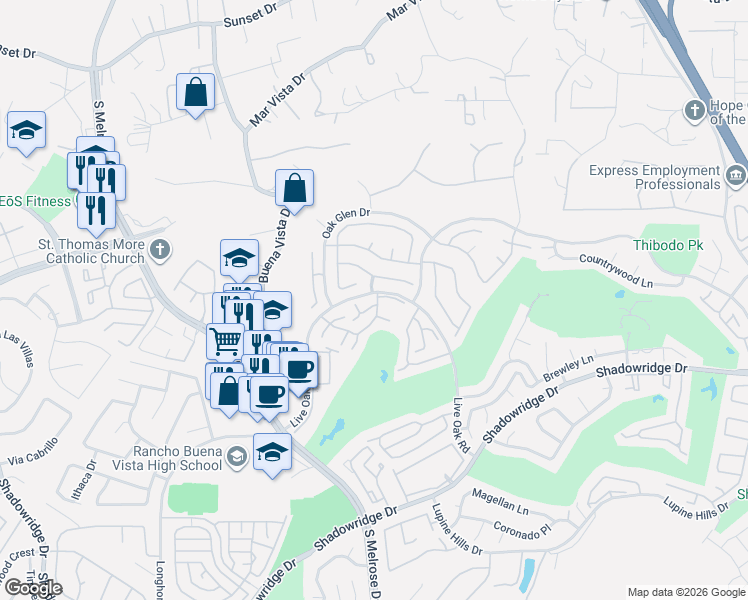 map of restaurants, bars, coffee shops, grocery stores, and more near 1302 Montego Court in Vista