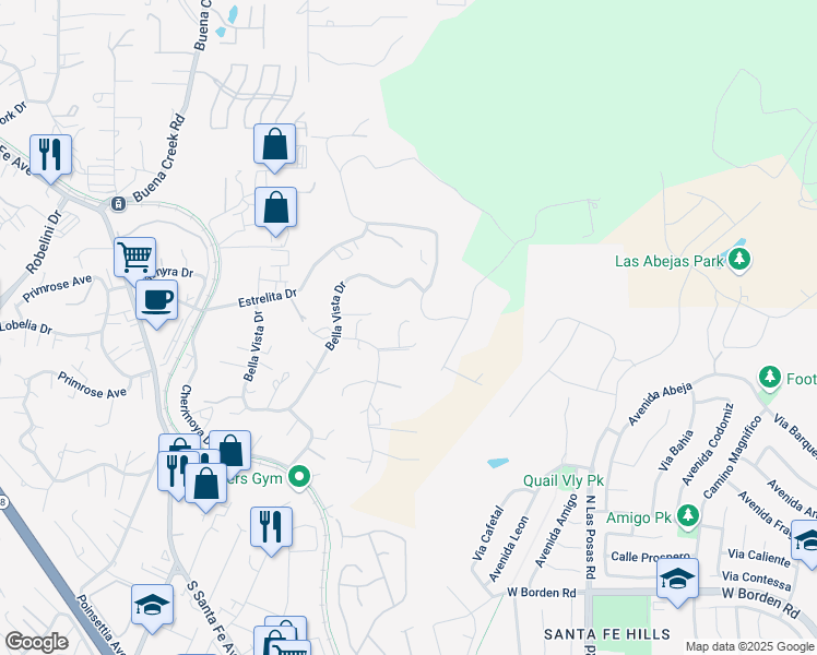 map of restaurants, bars, coffee shops, grocery stores, and more near 2426 Millegar Lane in Vista