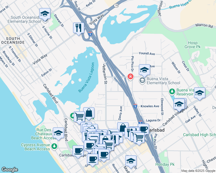 map of restaurants, bars, coffee shops, grocery stores, and more near 2464 Jefferson Street in Carlsbad