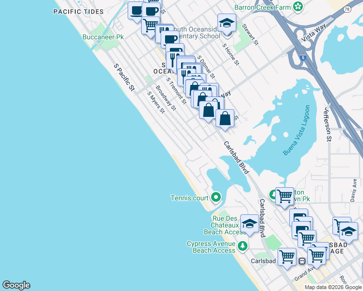 map of restaurants, bars, coffee shops, grocery stores, and more near 2028 South Pacific Street in Oceanside