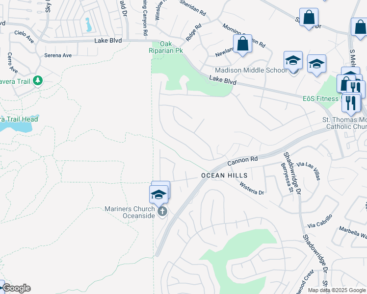 map of restaurants, bars, coffee shops, grocery stores, and more near 5056 Nighthawk Way in Oceanside