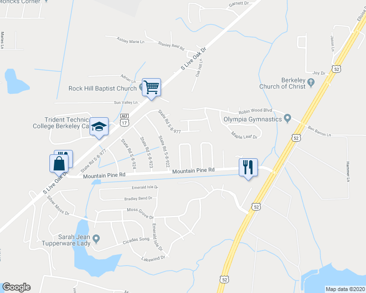 map of restaurants, bars, coffee shops, grocery stores, and more near 113 White Pine Court in Moncks Corner