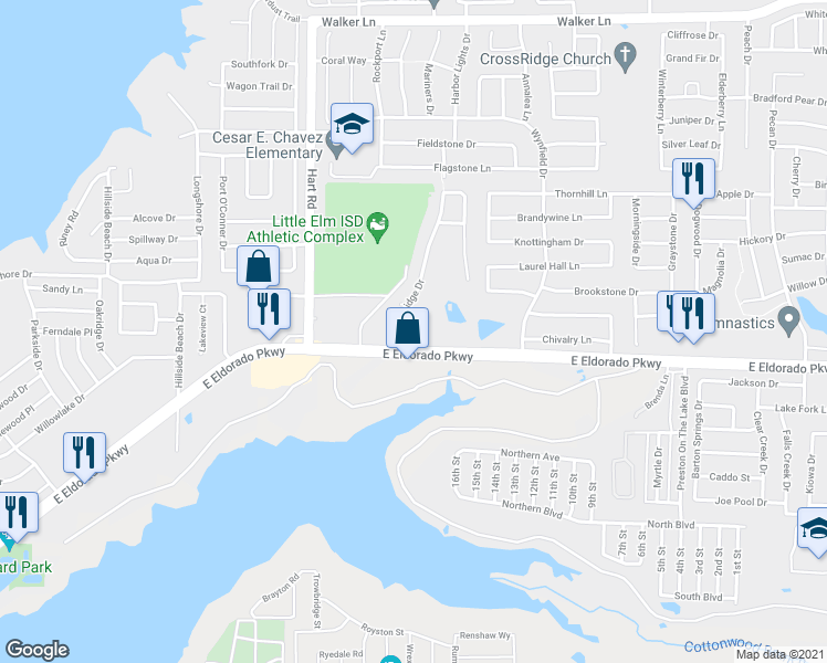 map of restaurants, bars, coffee shops, grocery stores, and more near 144A Castleridge Drive in Little Elm