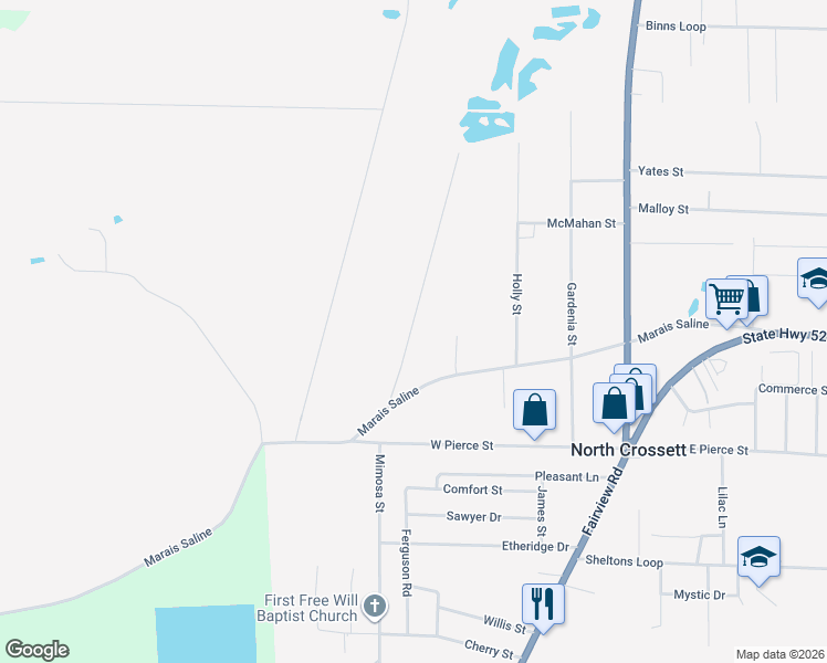 map of restaurants, bars, coffee shops, grocery stores, and more near 1632 Pit Road in Crossett