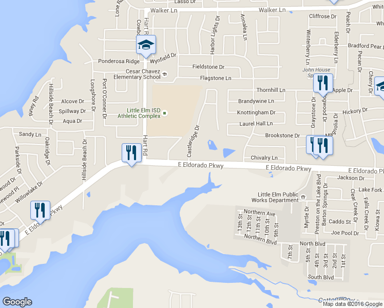 map of restaurants, bars, coffee shops, grocery stores, and more near 144B Castleridge Drive in Little Elm