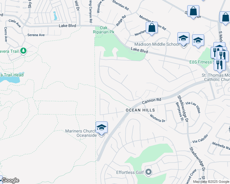 map of restaurants, bars, coffee shops, grocery stores, and more near 5056 Nighthawk Way in Oceanside
