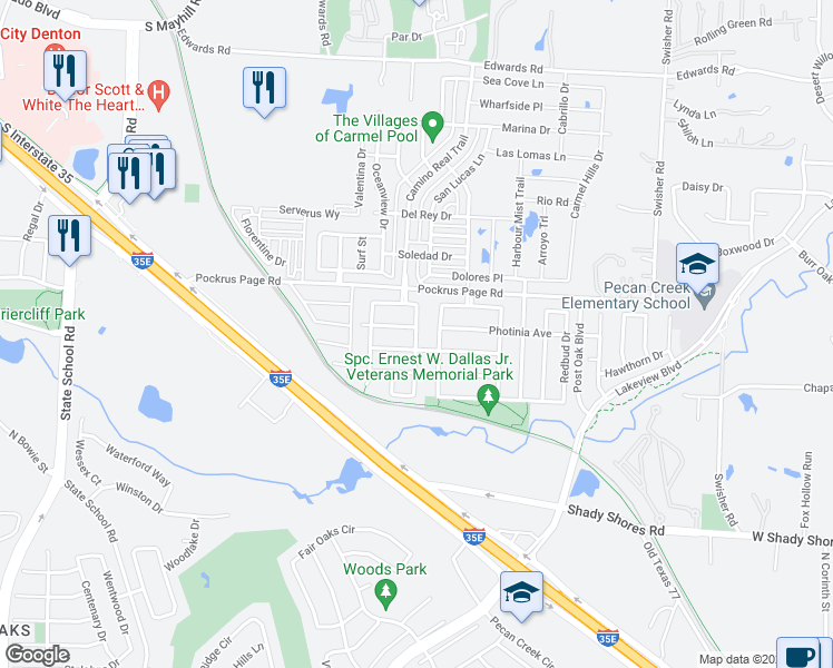 map of restaurants, bars, coffee shops, grocery stores, and more near 4701 Green River Drive in Denton