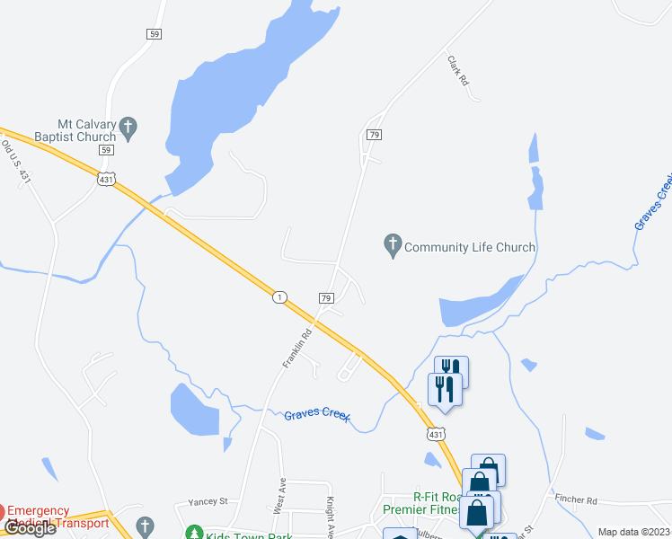 map of restaurants, bars, coffee shops, grocery stores, and more near 1249 County Road 79 in Roanoke