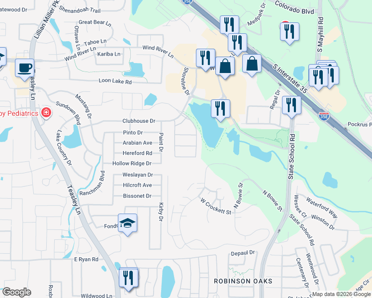 map of restaurants, bars, coffee shops, grocery stores, and more near 3008 Bella Lago Drive in Denton