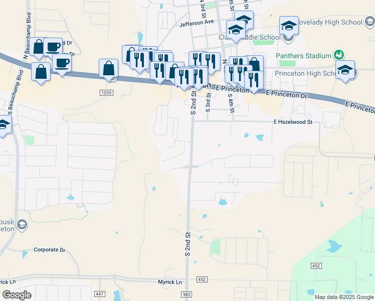 map of restaurants, bars, coffee shops, grocery stores, and more near 313 Peachtree Lane in Princeton