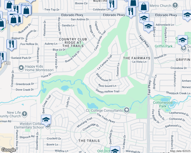 map of restaurants, bars, coffee shops, grocery stores, and more near 11057 Silver Horn Drive in Frisco
