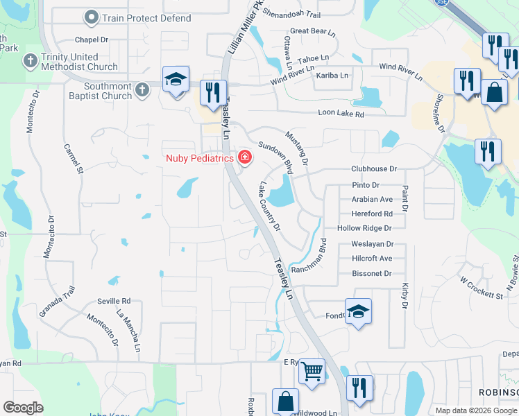 map of restaurants, bars, coffee shops, grocery stores, and more near 3490 Teasley Lane in Denton