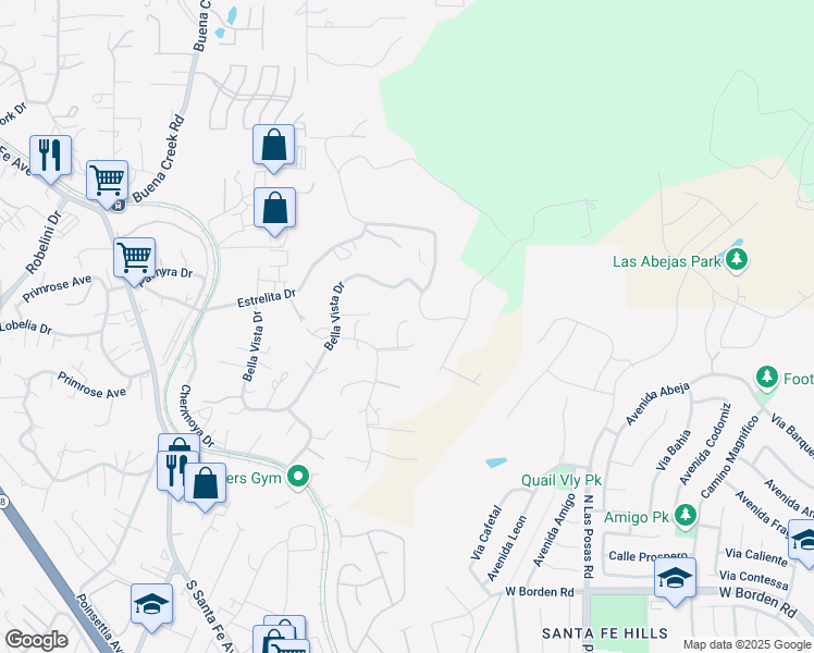 map of restaurants, bars, coffee shops, grocery stores, and more near 2426 Millegar Lane in Vista