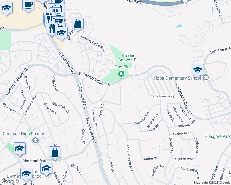 map of restaurants, bars, coffee shops, grocery stores, and more near 2407 Sonora Court in Carlsbad