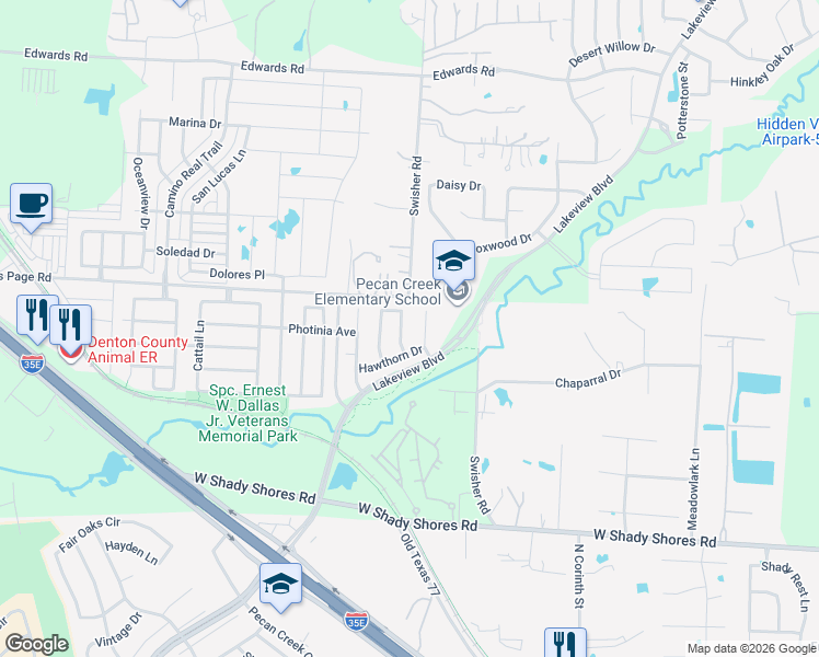 map of restaurants, bars, coffee shops, grocery stores, and more near 4508 Black Walnut in Denton