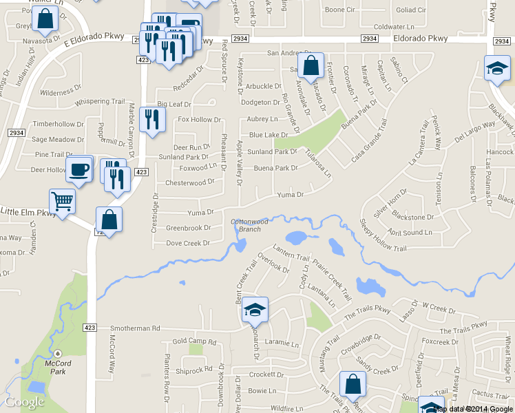 map of restaurants, bars, coffee shops, grocery stores, and more near 1273 Yuma Drive in Frisco