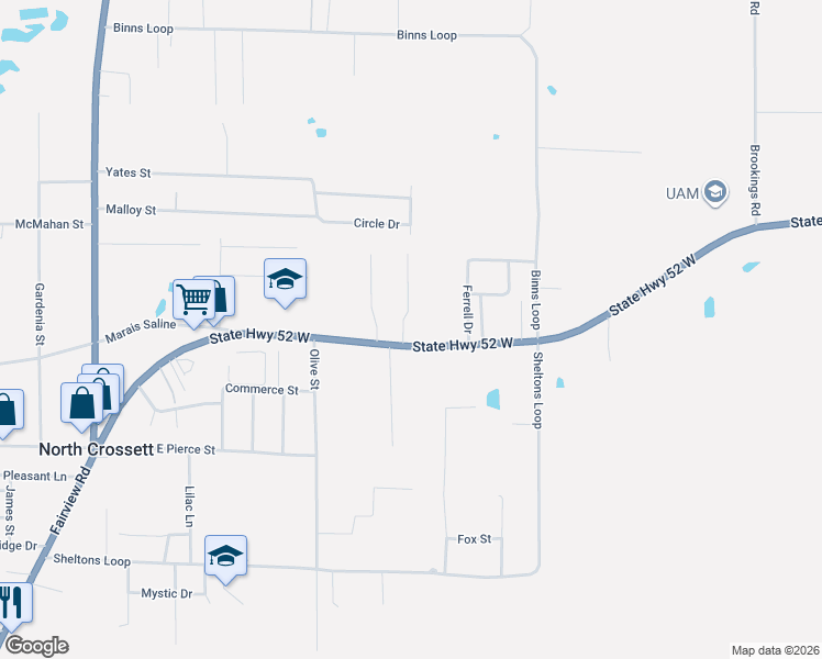 map of restaurants, bars, coffee shops, grocery stores, and more near 1492 State Highway 52 West in Crossett