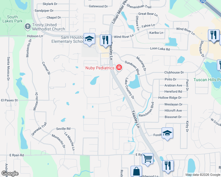 map of restaurants, bars, coffee shops, grocery stores, and more near 3952 Helm Lane in Denton