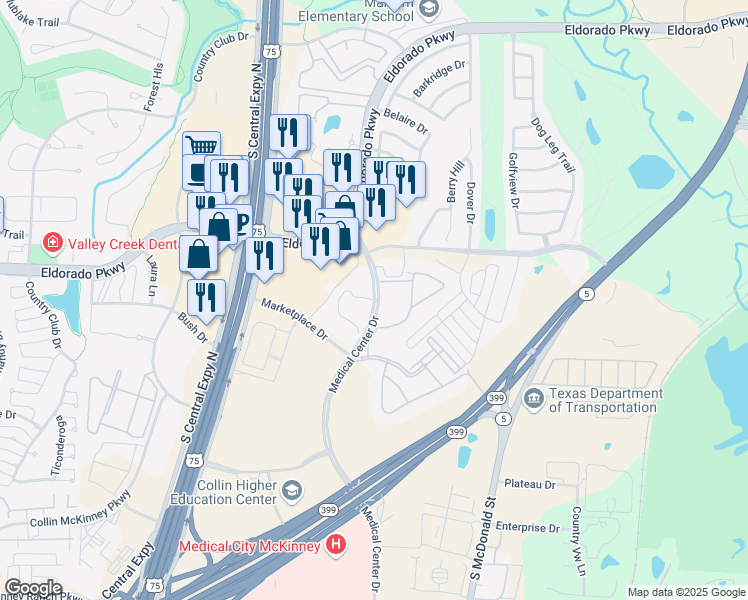 map of restaurants, bars, coffee shops, grocery stores, and more near 3196 Medical Center Drive in McKinney