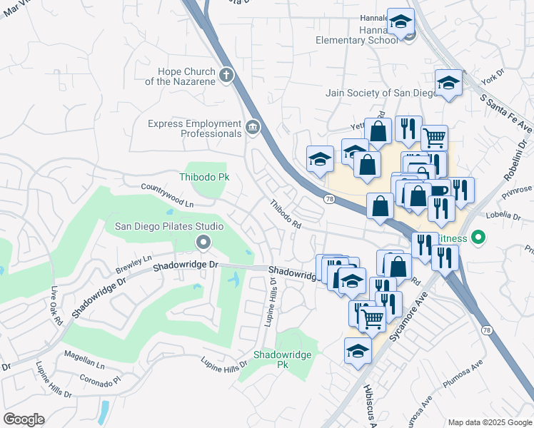 map of restaurants, bars, coffee shops, grocery stores, and more near 986 Lupine Hills Drive in Vista