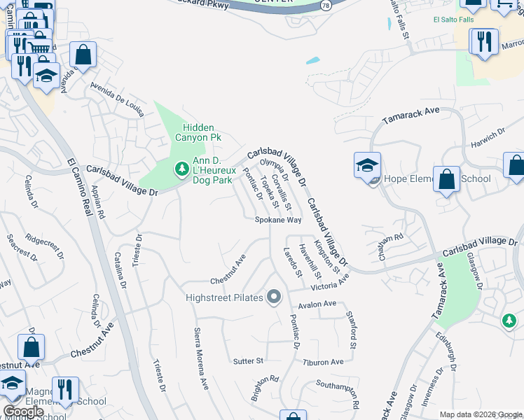 map of restaurants, bars, coffee shops, grocery stores, and more near 3487 Lakewood Street in Carlsbad