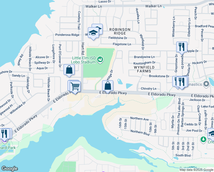 map of restaurants, bars, coffee shops, grocery stores, and more near 144A Castleridge Drive in Little Elm