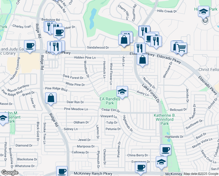 map of restaurants, bars, coffee shops, grocery stores, and more near 3504 Wind Flower Lane in McKinney