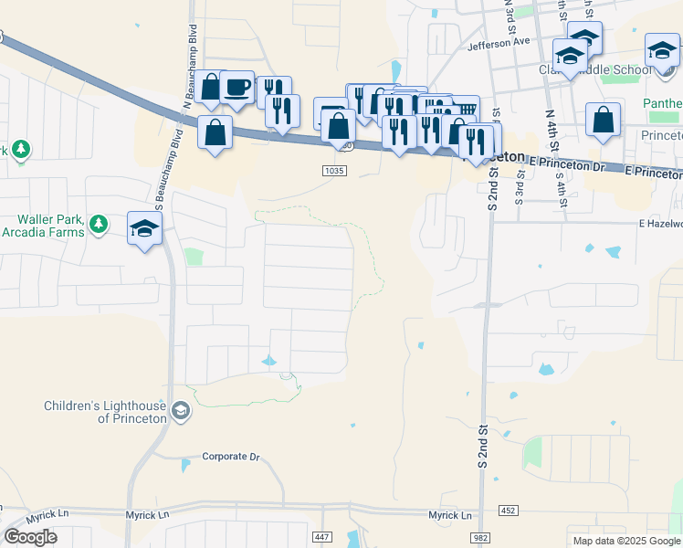 map of restaurants, bars, coffee shops, grocery stores, and more near 447 Crystal Clear Lane in Princeton