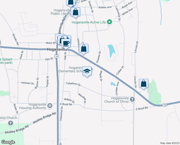 map of restaurants, bars, coffee shops, grocery stores, and more near 611 East Main Street in Hogansville