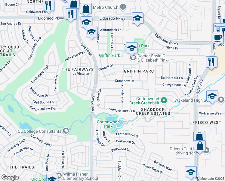 map of restaurants, bars, coffee shops, grocery stores, and more near 3371 Cumberland Lane in Frisco