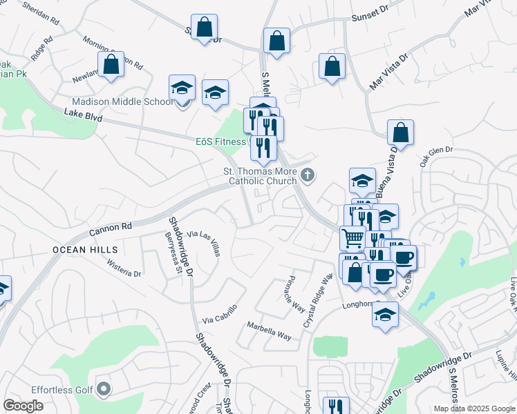 map of restaurants, bars, coffee shops, grocery stores, and more near 3504 Windrift Way in Oceanside