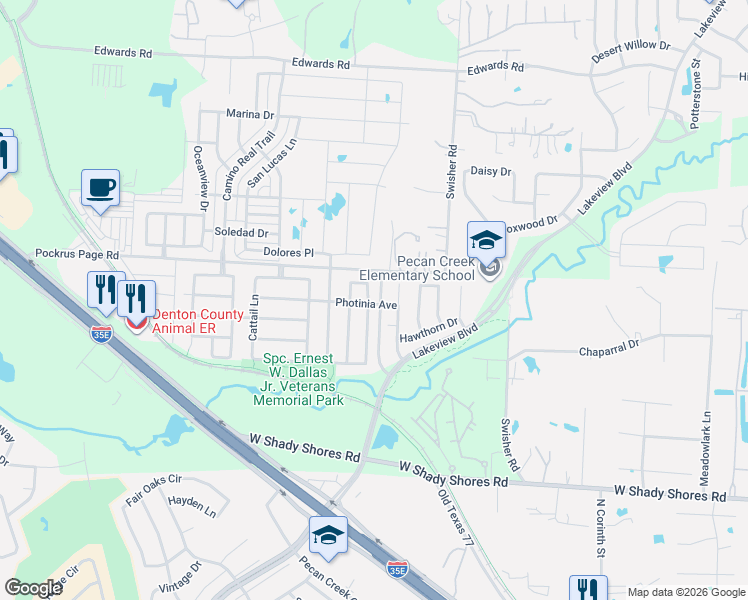 map of restaurants, bars, coffee shops, grocery stores, and more near 4521 Redbud Drive in Denton