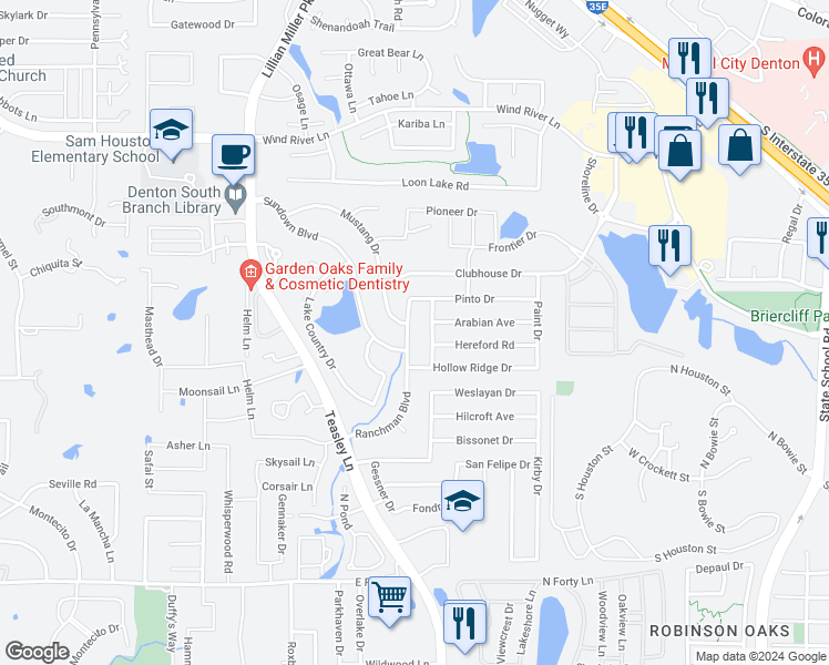 map of restaurants, bars, coffee shops, grocery stores, and more near 3605 Ranchman Boulevard in Denton