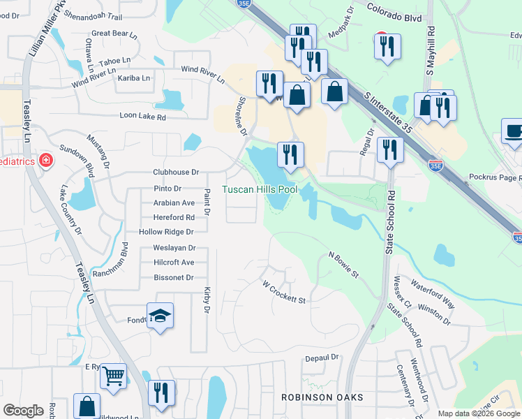 map of restaurants, bars, coffee shops, grocery stores, and more near 3620 Tuscan Hills Circle in Denton