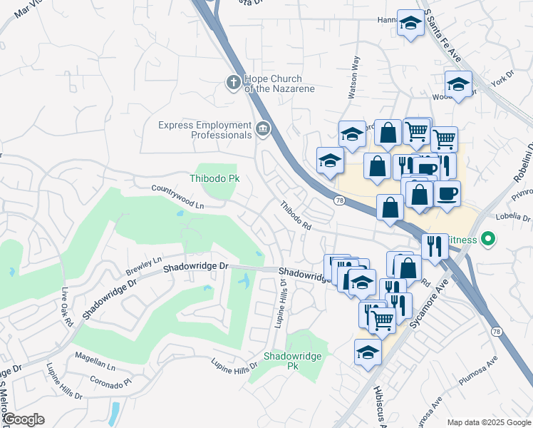 map of restaurants, bars, coffee shops, grocery stores, and more near 974 Lupine Hills Drive in Vista