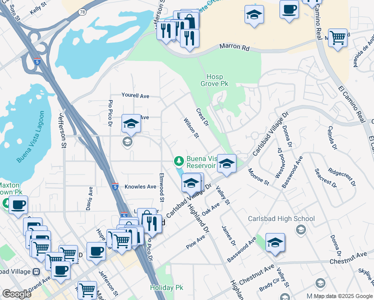 map of restaurants, bars, coffee shops, grocery stores, and more near 2781 James Drive in Carlsbad