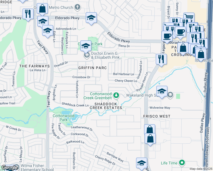 map of restaurants, bars, coffee shops, grocery stores, and more near 10997 Stone House Lane in Frisco