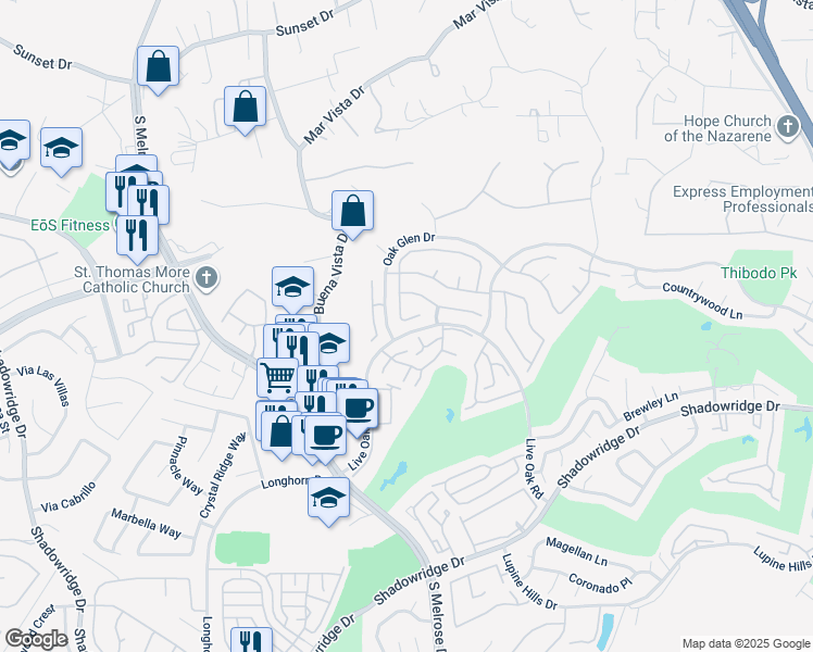 map of restaurants, bars, coffee shops, grocery stores, and more near 1601 Madrid Drive in Vista