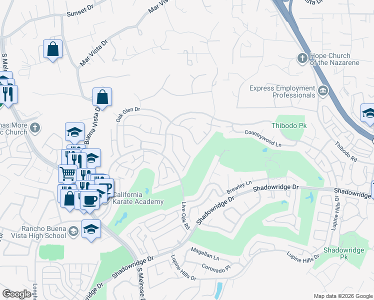 map of restaurants, bars, coffee shops, grocery stores, and more near 1440 Genoa Drive in Vista
