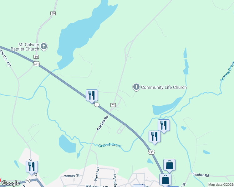 map of restaurants, bars, coffee shops, grocery stores, and more near 1249 County Road 79 in Roanoke