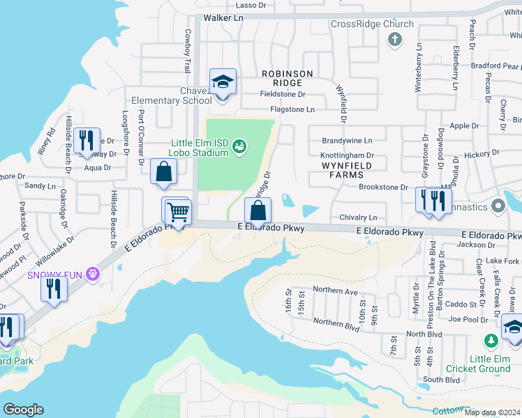 map of restaurants, bars, coffee shops, grocery stores, and more near 144A Castleridge Drive in Little Elm