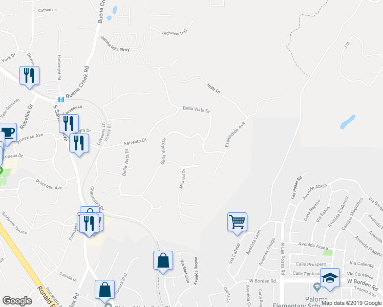 map of restaurants, bars, coffee shops, grocery stores, and more near 2426 Millegar Lane in Vista