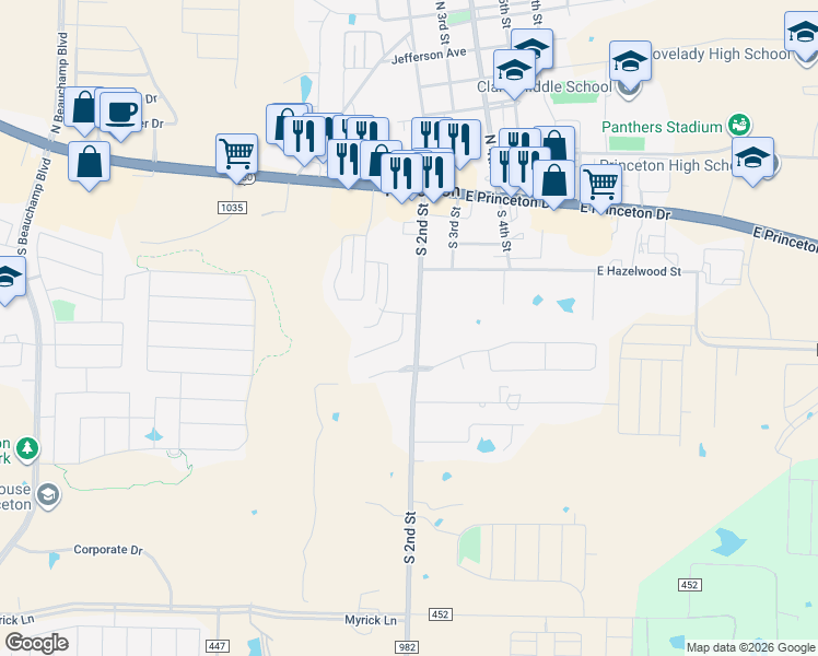 map of restaurants, bars, coffee shops, grocery stores, and more near 313 Peachtree Lane in Princeton