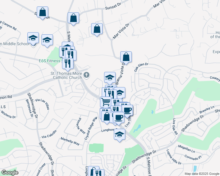 map of restaurants, bars, coffee shops, grocery stores, and more near 1510 Wildgrove Way in Vista