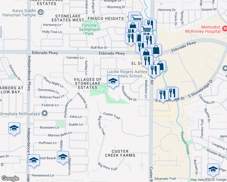 map of restaurants, bars, coffee shops, grocery stores, and more near 15601 Christopher Lane in Frisco