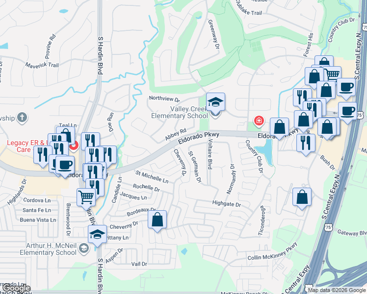 map of restaurants, bars, coffee shops, grocery stores, and more near 3002 Saint Germain Drive in McKinney