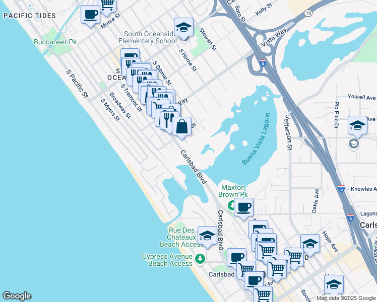 map of restaurants, bars, coffee shops, grocery stores, and more near 2142 South Coast Highway in Oceanside