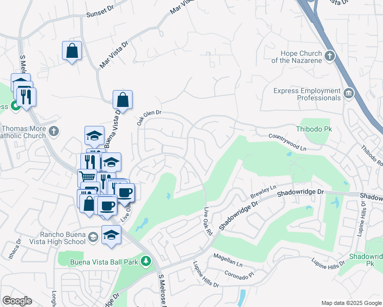 map of restaurants, bars, coffee shops, grocery stores, and more near 1449 Genoa Drive in Vista