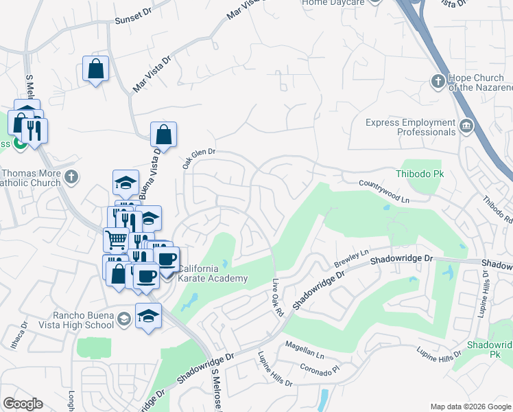 map of restaurants, bars, coffee shops, grocery stores, and more near 1449 Genoa Drive in Vista