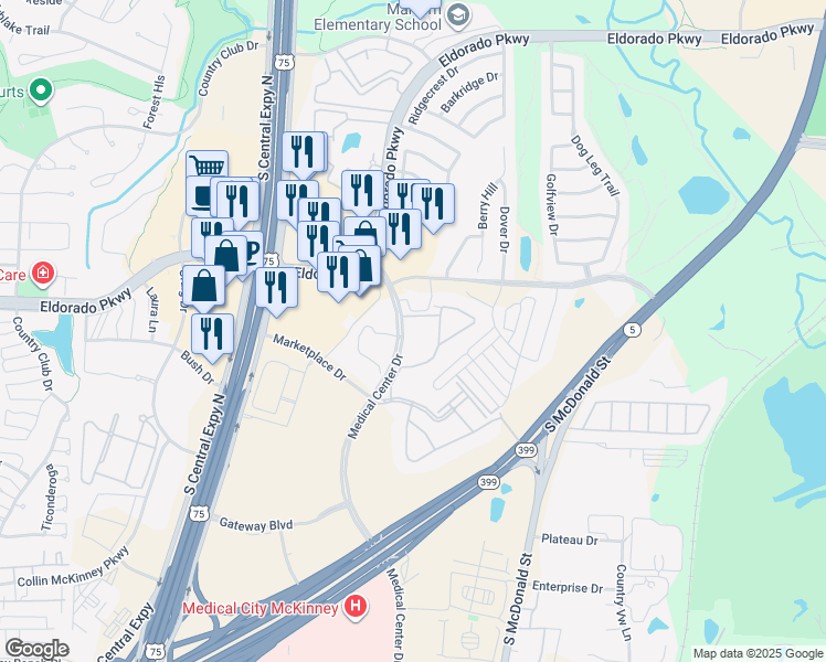 map of restaurants, bars, coffee shops, grocery stores, and more near 3311 Medical Center Drive in McKinney